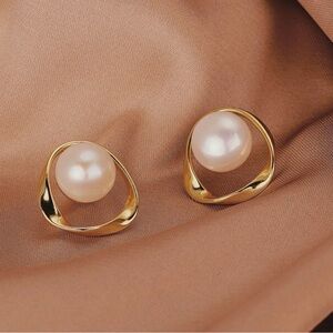 Gold Plated 925 Sterling Silver Large Pearl Stud Earrings